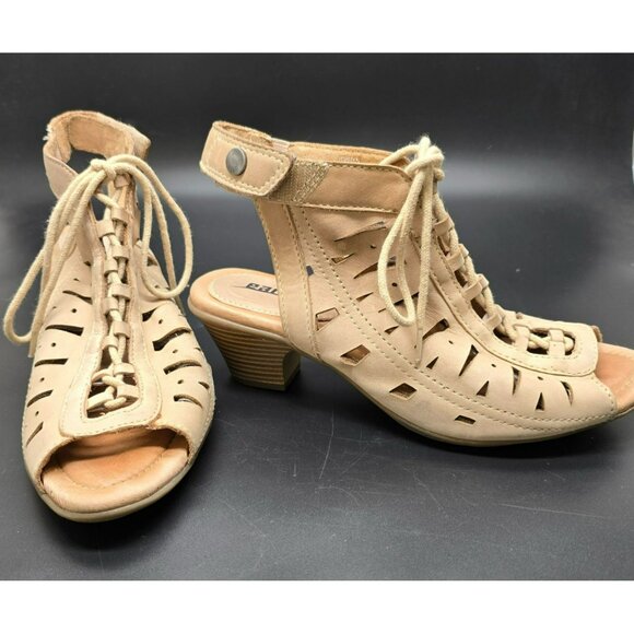 Earth Sandals Kristen Leather Upper Peep Toe Heeled 6.5B With Lace Up JJ4013 - Picture 10 of 13